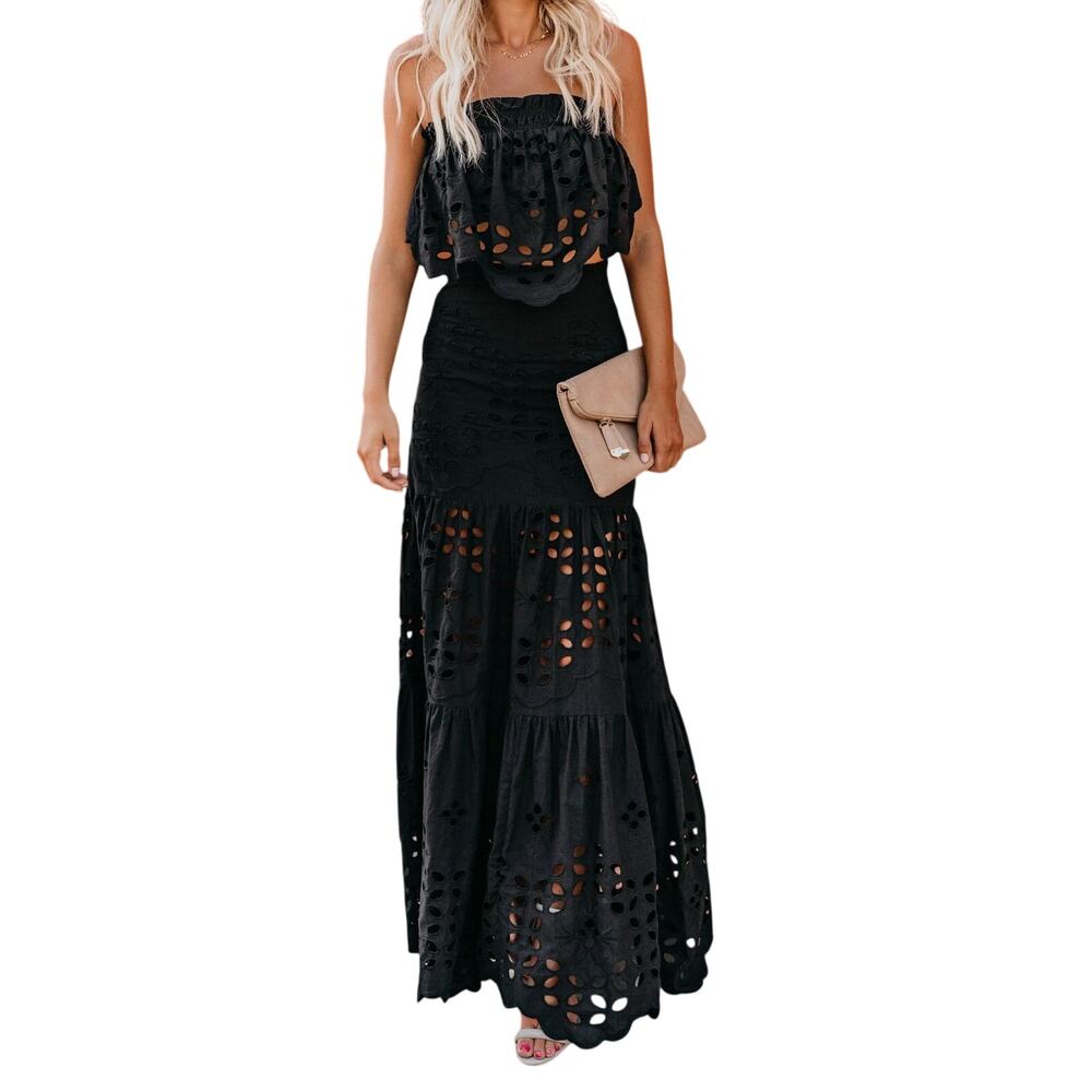 Luxxel Palm Chains Eyelet Embroidered Two Piece Maxi Skirt Set Black Women's S